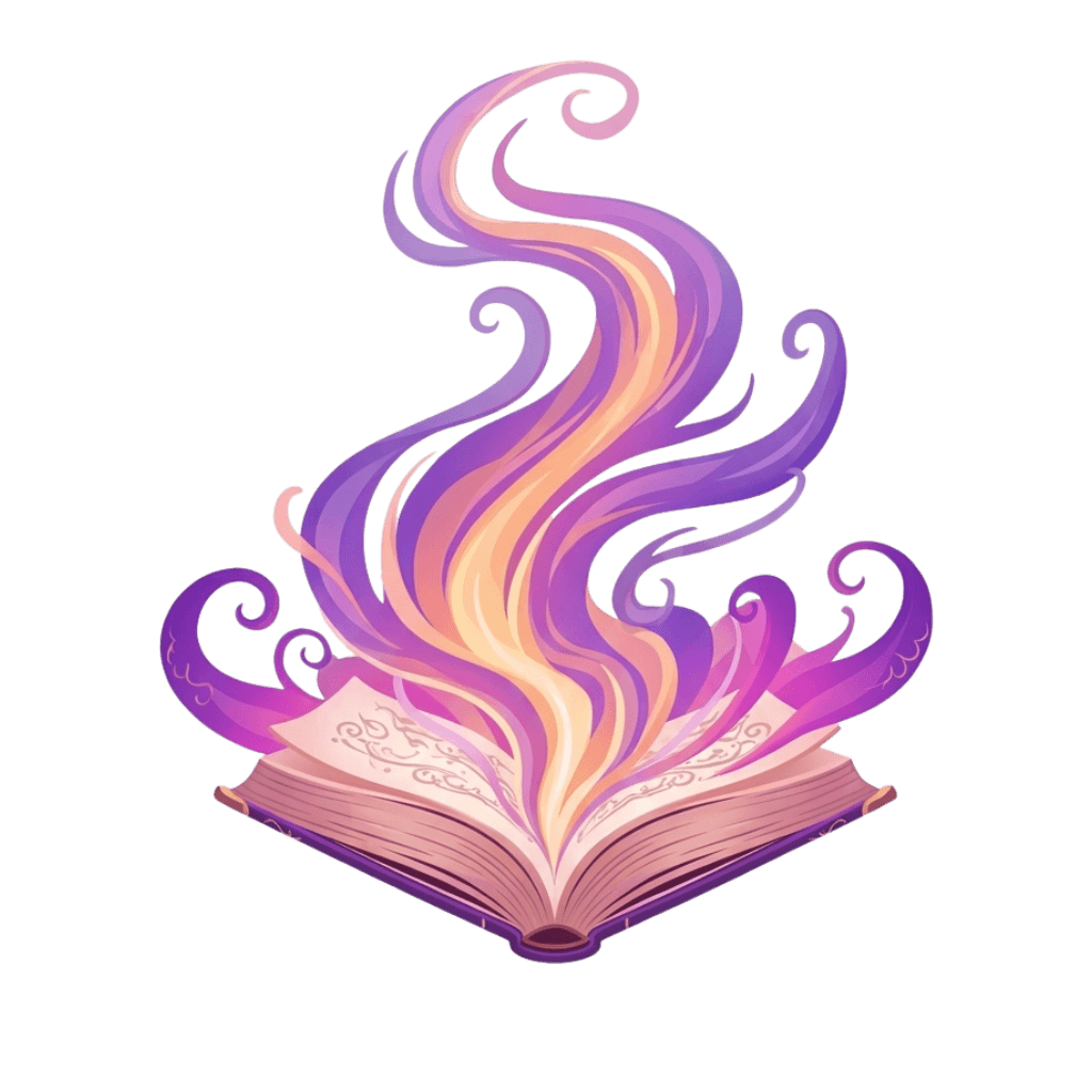 Magical book with swirling stories and sparkling stars