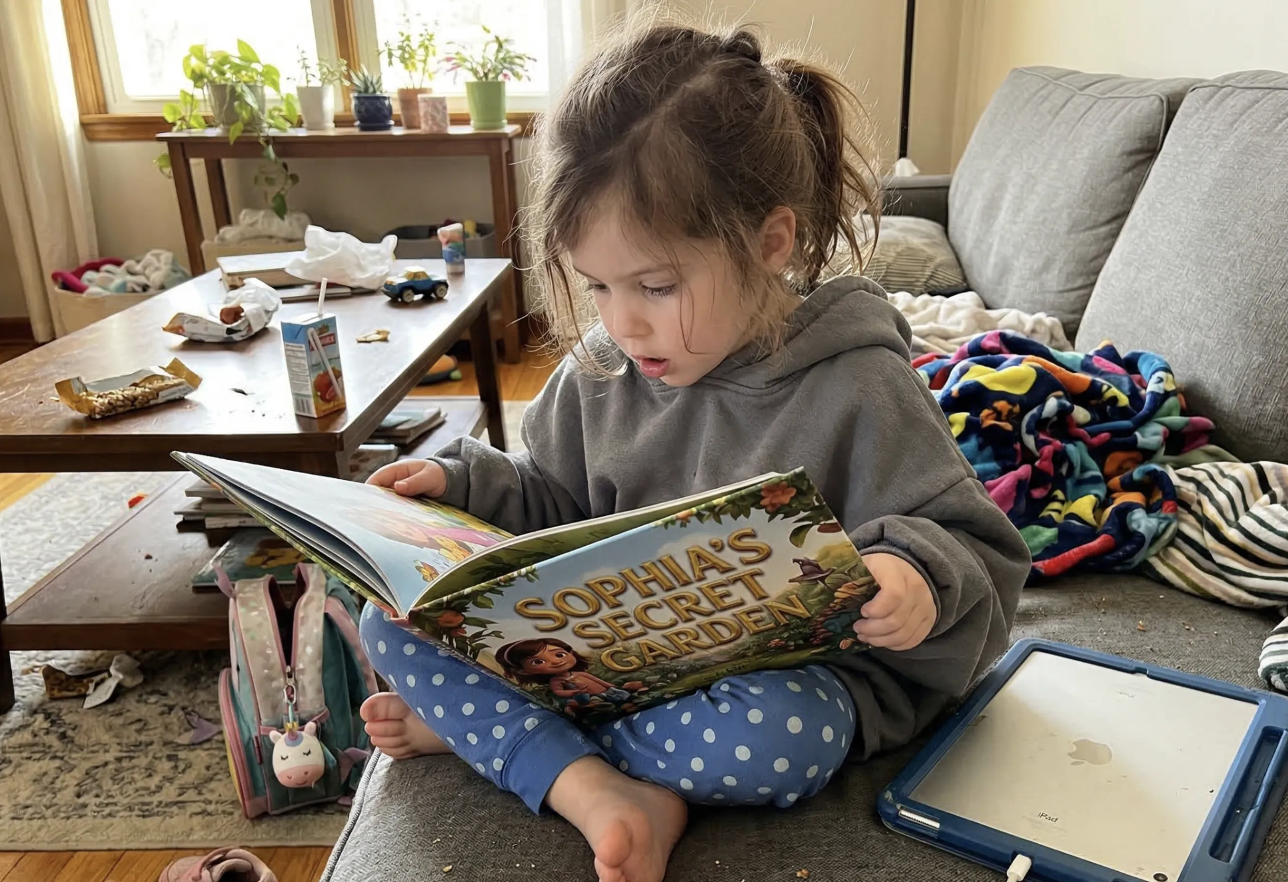 A young girl sitting cross-legged on a couch, absorbed in her personalized book Sophia's Secret Garden