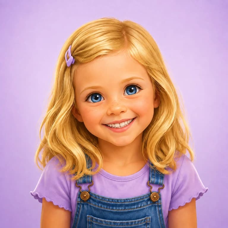Ella as an illustrated storybook character, with blonde hair, a lavender clip, and denim overalls