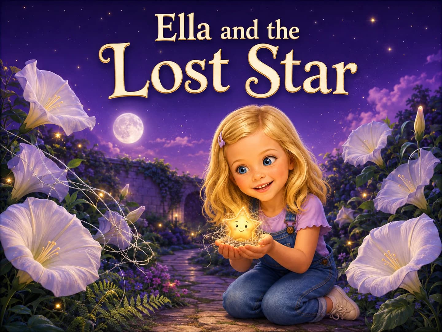 Ella and the Lost Star, a storybook cover showing a blonde girl holding a glowing star in a moonlit garden
