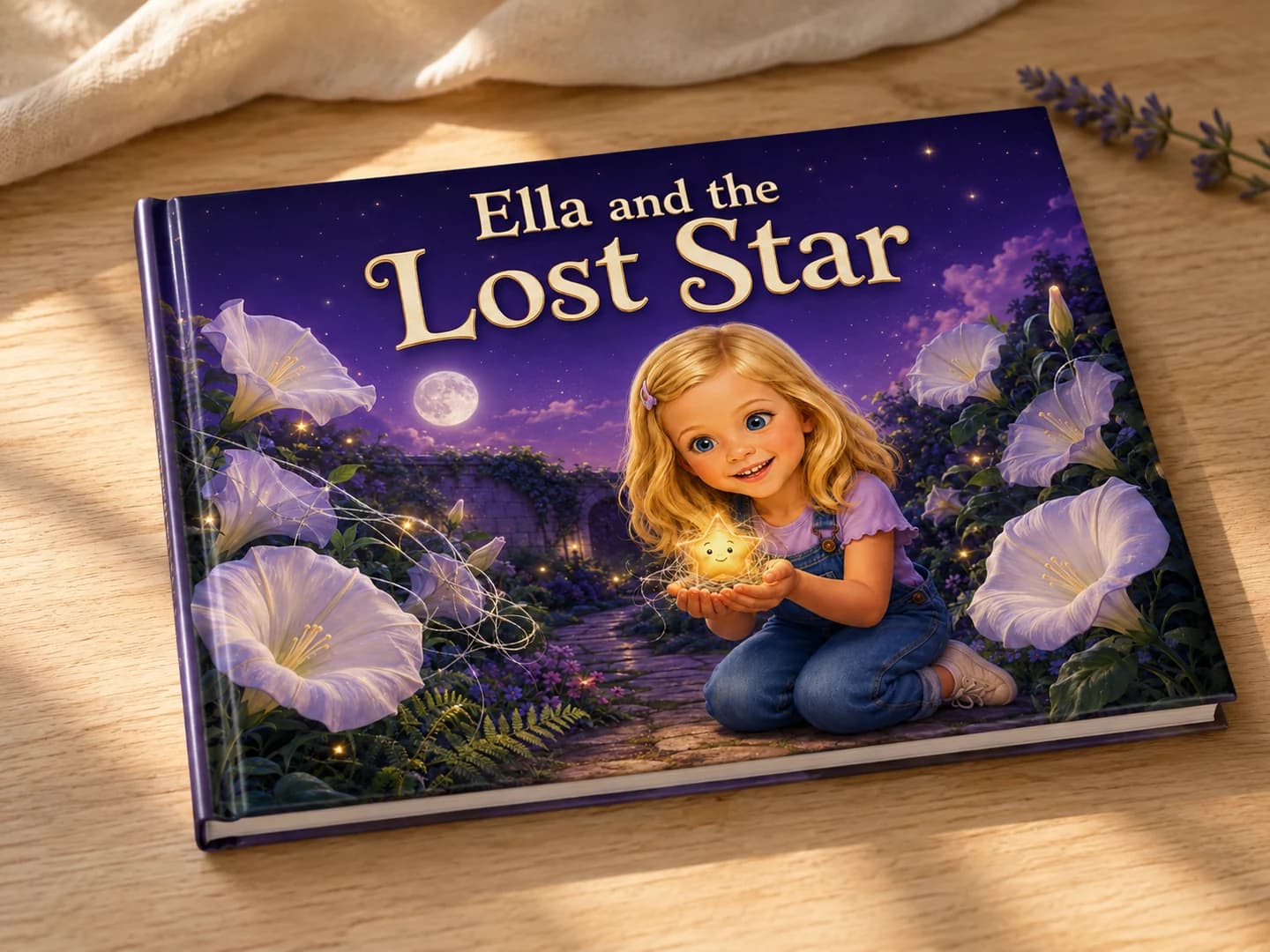 The finished Ella and the Lost Star hardcover storybook on a sunlit wooden table