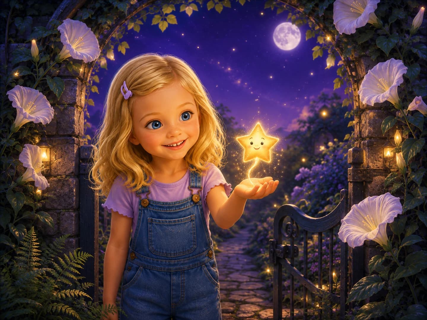 Ella watches a little golden star float above her hand beneath a moonflower-covered garden gate