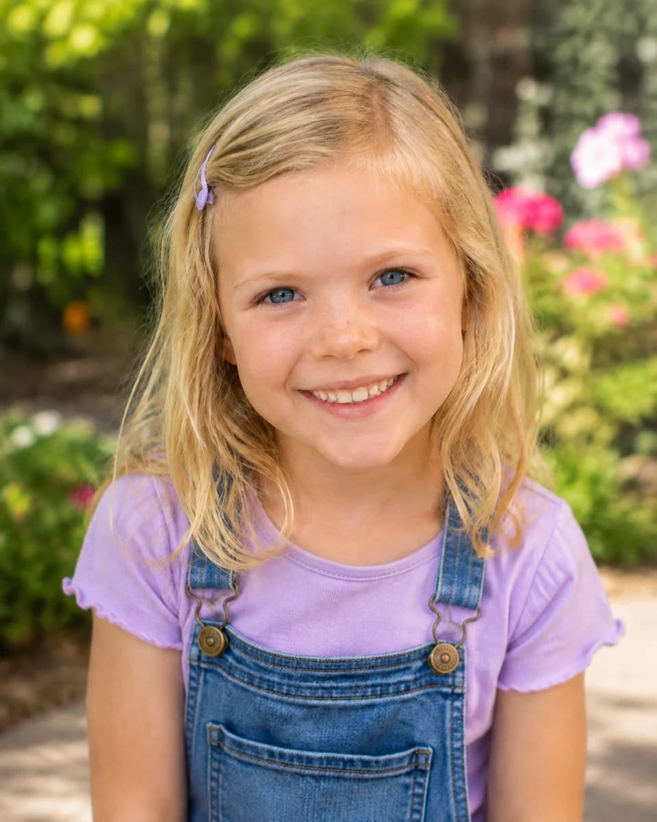 A reference photo of Ella, a smiling blonde girl in a lavender top and denim overalls