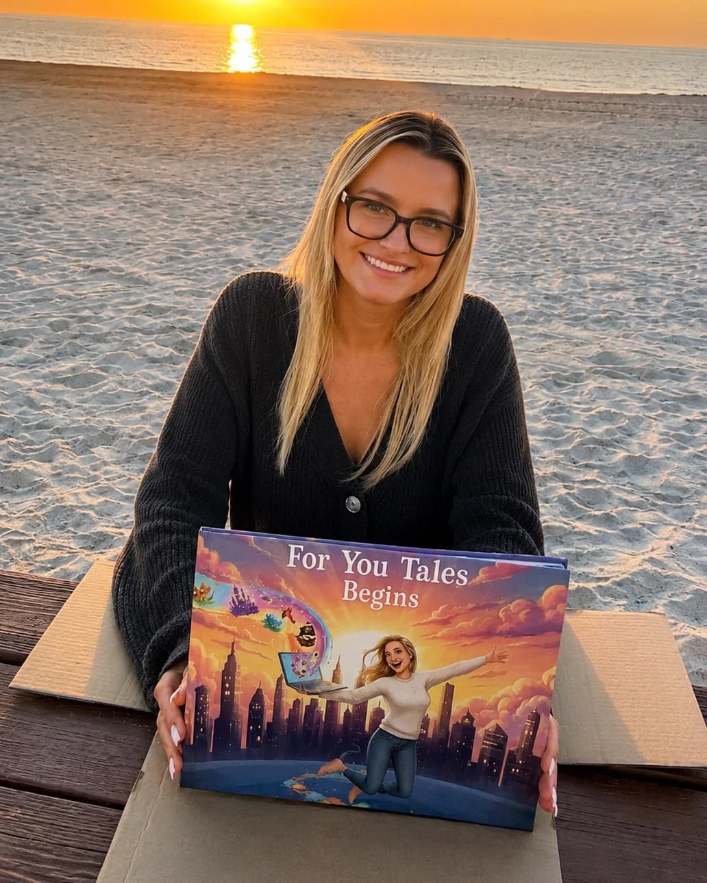 Liz Rytych holding a For You Tales storybook on the beach at sunset
