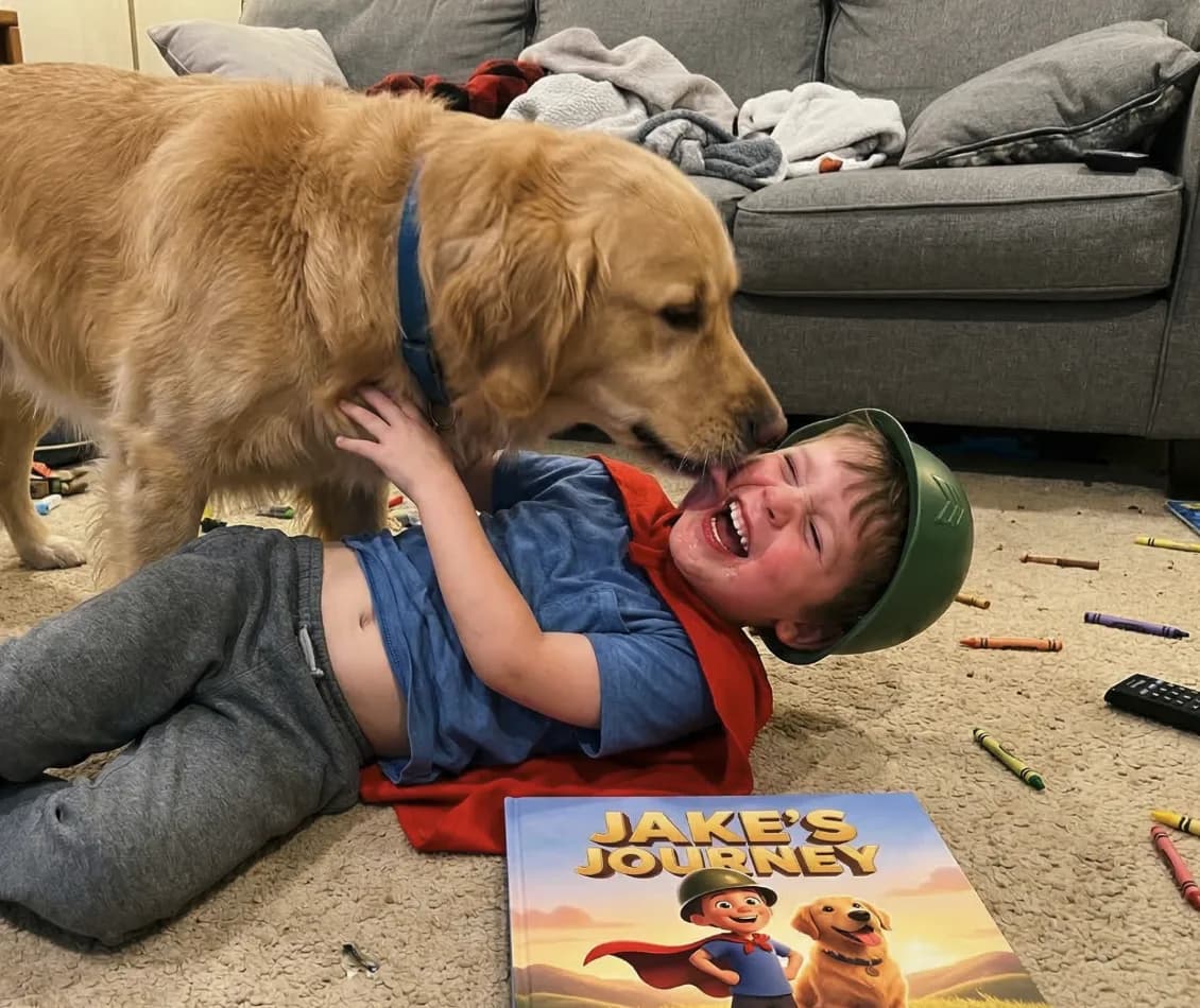 A laughing boy in a cape being licked by his golden retriever next to the book Jake's Journey