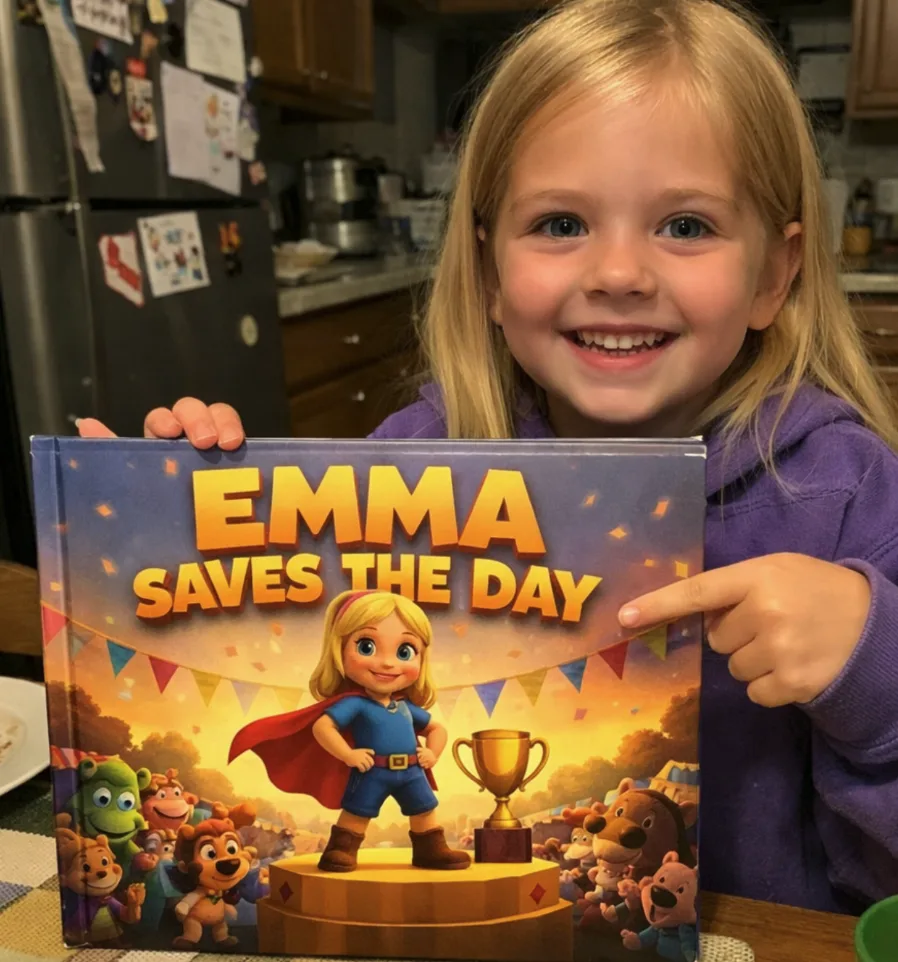 A smiling girl pointing at her name on the cover of Emma Saves the Day