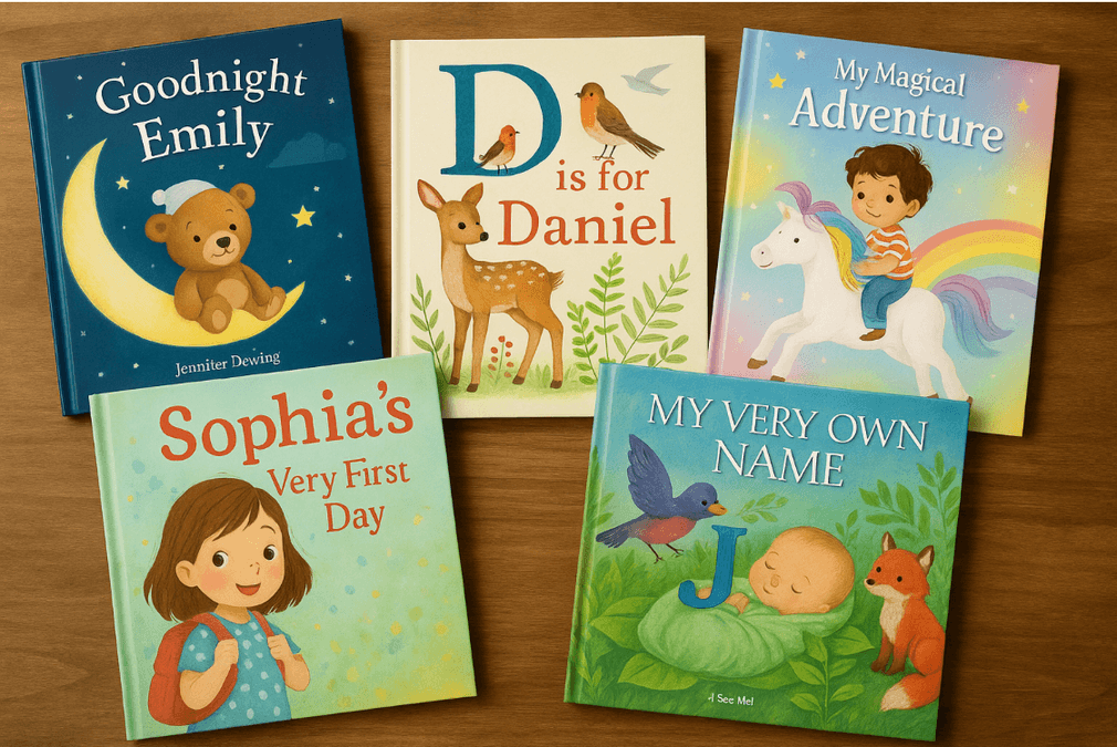 Collection of personalized hardcover children's books with custom illustrations and names