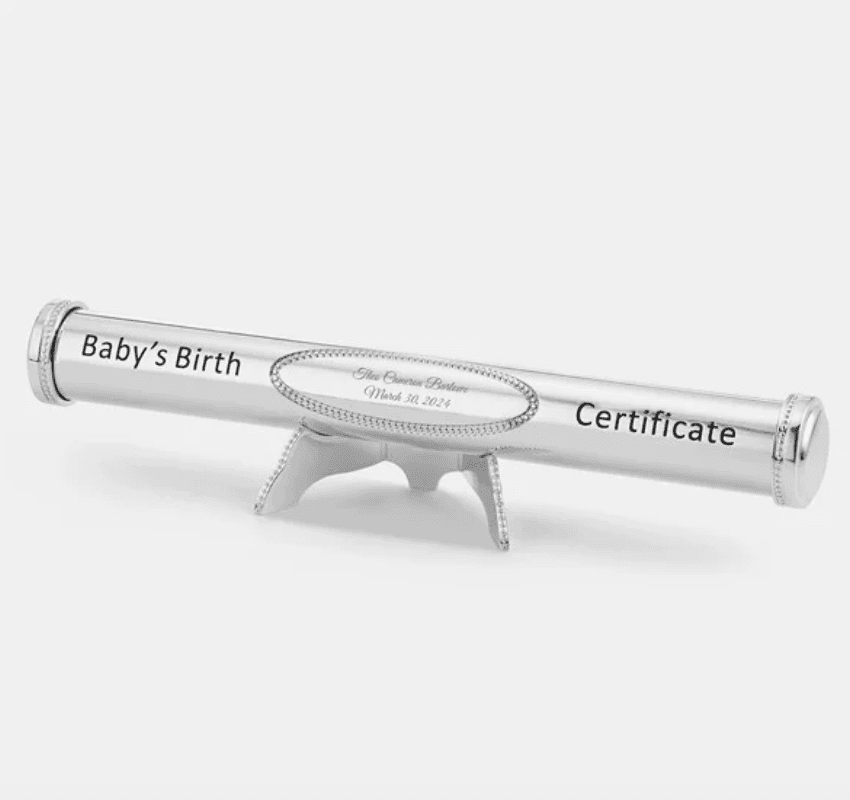 Elegant engraved metal birth certificate holder with personalized details