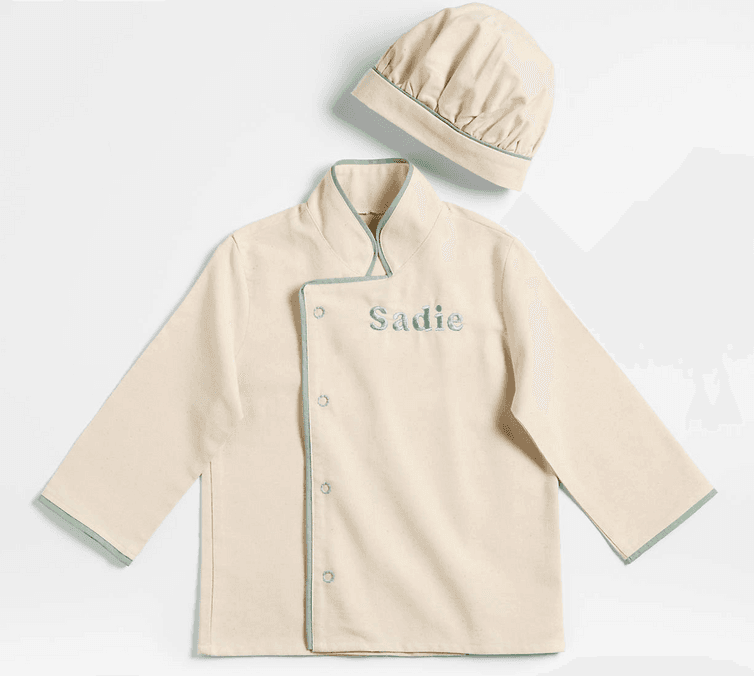 Personalized children's chef outfit with apron and hat in neutral colors