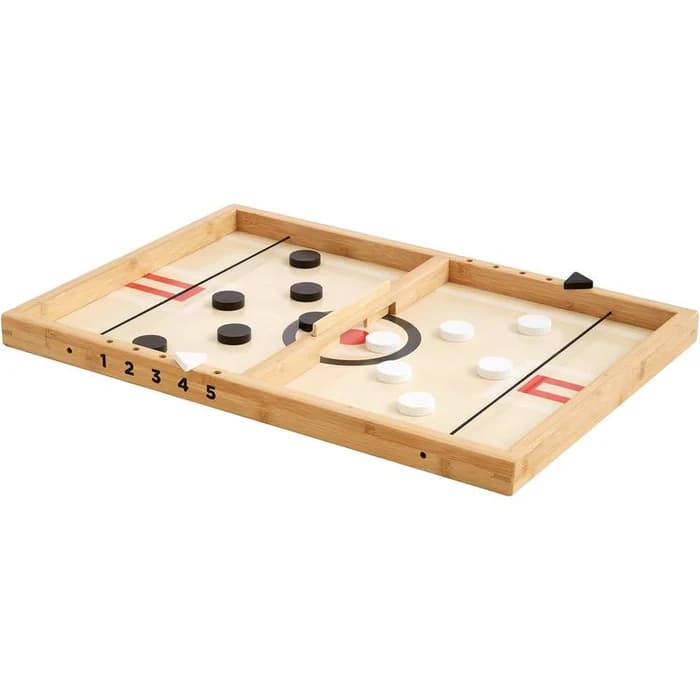 Wooden Sling-a-Ling tabletop hockey game with elastic puck launcher