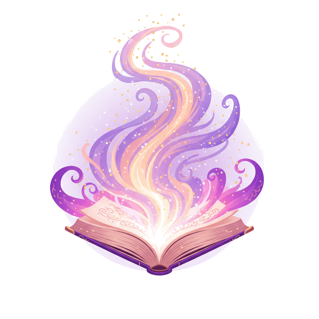 Magical book with swirling stories and sparkling stars