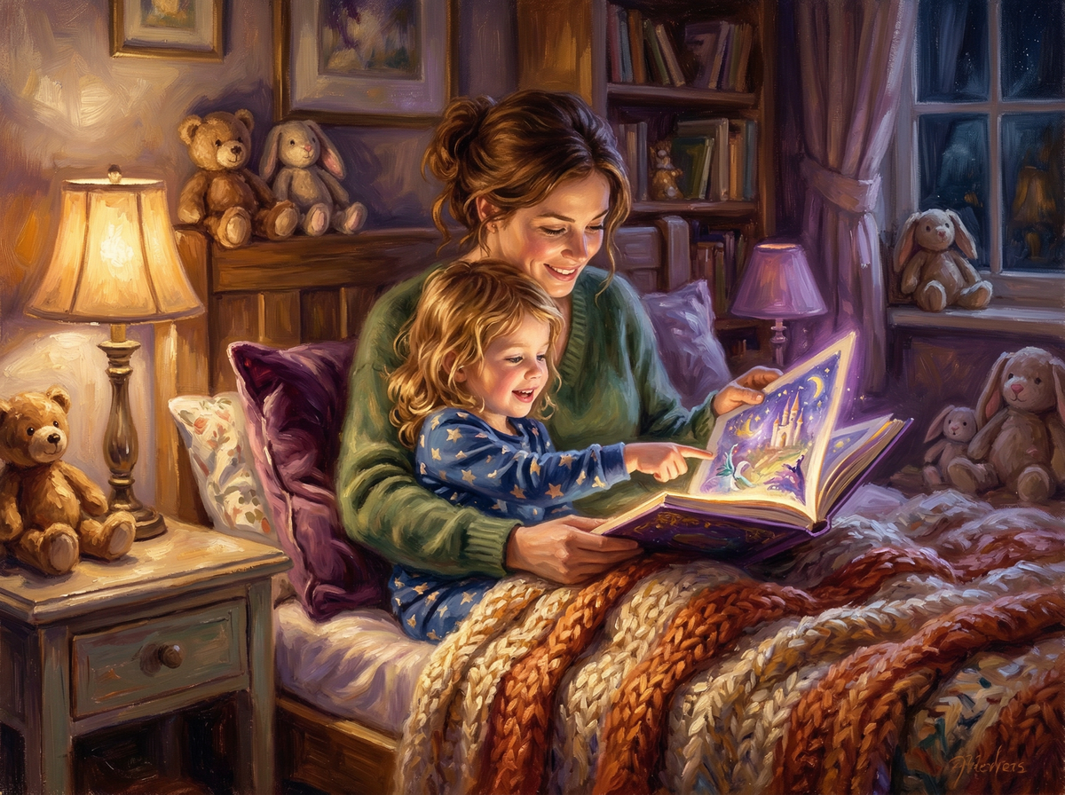 Oil painting of a parent and child reading a glowing storybook at bedtime